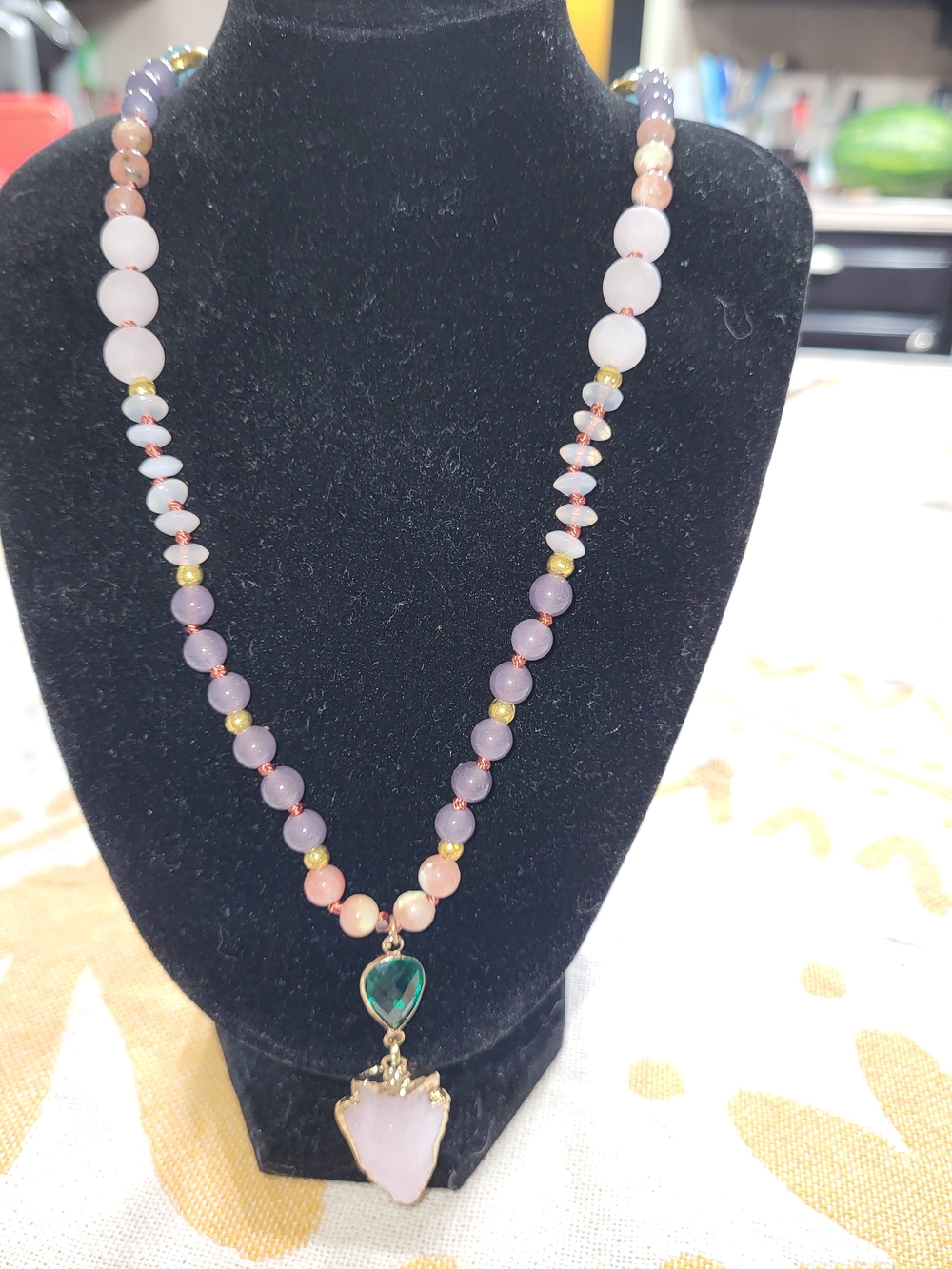 Pink and Lavender Hand Beaded Necklace with Green/Pink Teardrop Pendant